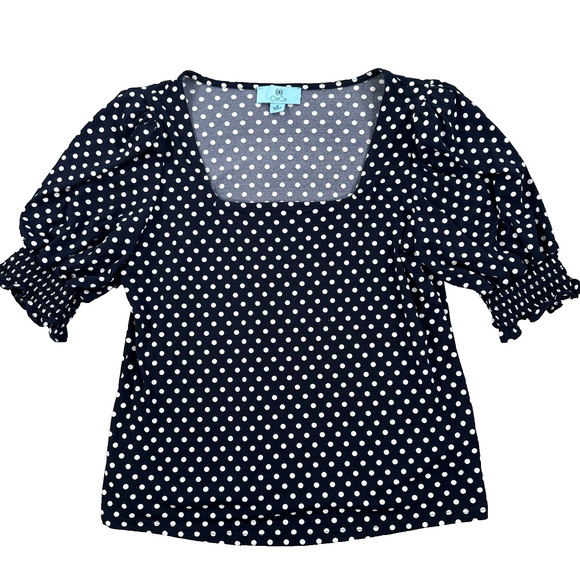 CeCe Square Neck Polka Dot Blouse Women's Medium Navy Blue/White Short Sleeve - Picture 1 of 8